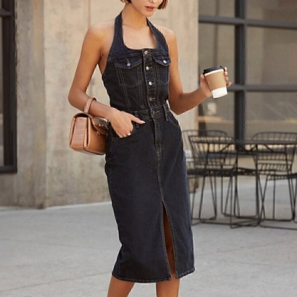 Denim Halter Midi Dress - Dark Wash - Women's Size 12 - New Streetwear Western - Picture 2 of 16
